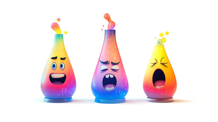 Colorful cartoon laboratory flasks expressing emotions, showcasing creativity and fun in a bright setting