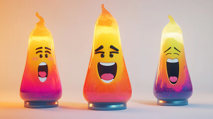 Colorful animated liquid lamps with expressive faces displaying various emotions against a soft backdrop