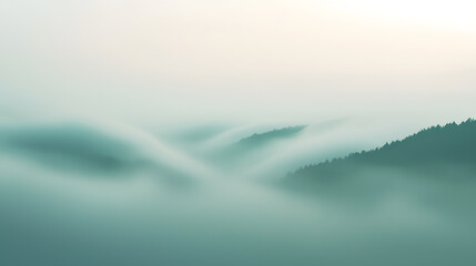 Obraz premium Captivating foggy landscape nature scene digital artwork pastel mint tones aerial view ethereal atmosphere