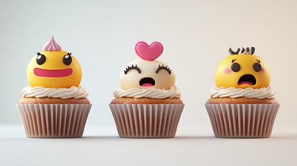 Three whimsical cupcakes with expressive emoji faces, set against a minimalist background