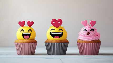 Cheerful cupcakes with emoji faces, showcasing love and joy against a soft, neutral background