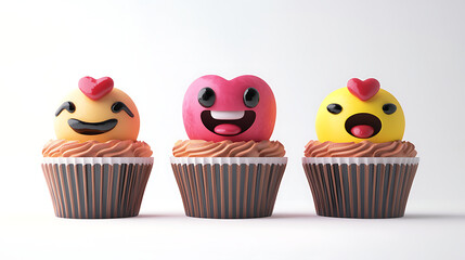 Colorful and playful cupcake decorations featuring smiling emoticon faces on dessert treats