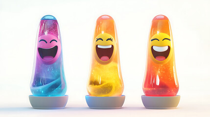 Colorful animated lava lamps with smiling faces, glowing in a bright background, creating a joyful ambiance