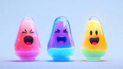 Colorful animated liquid characters expressing emotions, set against a soft gradient background