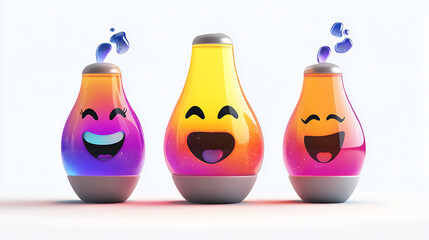 Colorful animated liquid containers with smiling faces, emitting bubbles against a bright background
