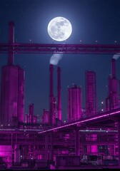 Industrial site with illumination at night and moon