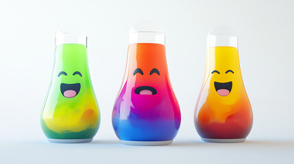 Colorful animated liquid containers with expressive faces representing emotions against a plain background