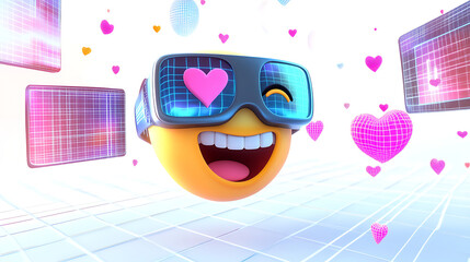 Joyful emoji wearing virtual reality glasses surrounded by colorful hearts and digital screens