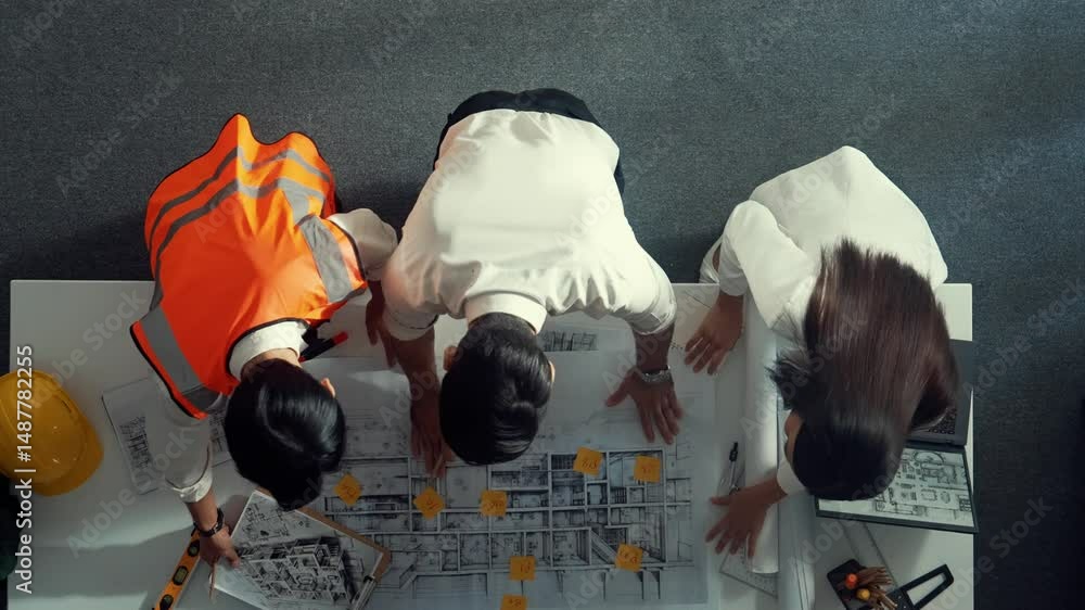 Poster top down view of project manager and civil engineer hold laptop while explain idea to architect. aer