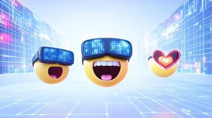 Colorful 3D emoji characters wearing VR goggles, expressing joy and love in a futuristic digital landscape