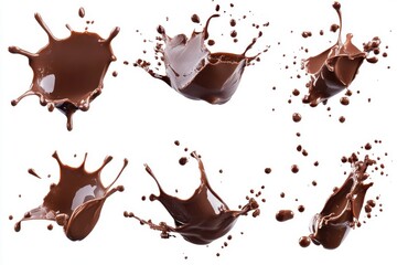 Set of rich chocolate splashes in different shapes isolated on white background for food photography and design projects