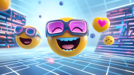 Colorful animated emojis with glasses expressing joy and love in a futuristic digital landscape