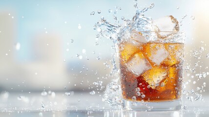 Refreshing Cola with Ice and Splash cola splash ice soda drink beverage refreshment ice cubes glass