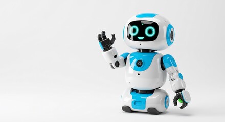 Friendly robot cheerfully waves hello against bright white background. AI Generated