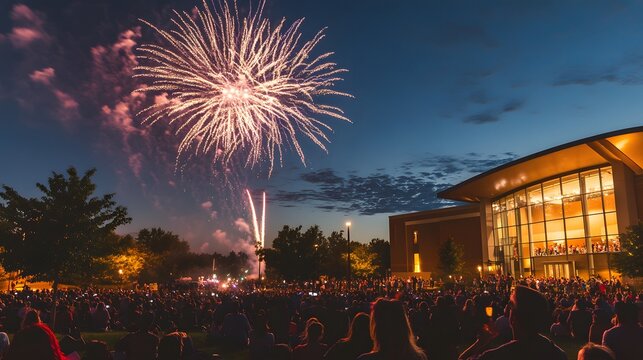 A crowd of people watching fireworks light up the night sky with cheers of excitement