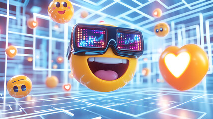 Playful emoji character wearing smart glasses in a futuristic digital environment with floating icons