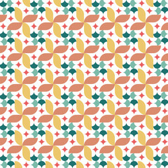 Warm and lively geometric flower pattern in peach, yellow, and green on a white background, creating a soft yet vibrant seamless layout.
