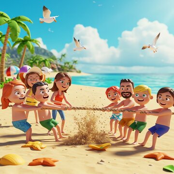 Kids playing tug of war on beach