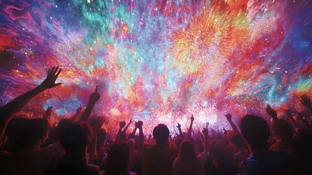 Fireworks bursting in colorful patterns above a crowd of cheering festival-goers