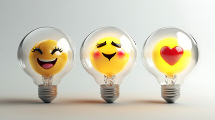 Three light bulbs featuring cheerful emoji faces, showcasing happiness and love, against a soft background
