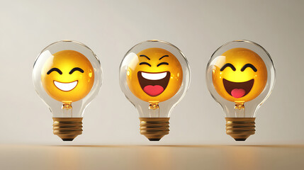 Three glowing light bulbs with smiley faces, showcasing happiness and positivity against a neutral background