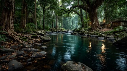 Fototapeta premium Lush Rainforest River with Tropical Stream, and Nature.
