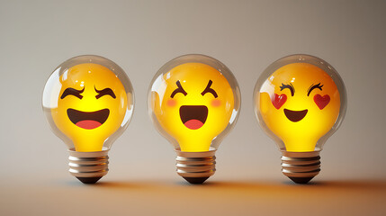 Three cheerful light bulbs with expressive faces glowing brightly against a neutral background