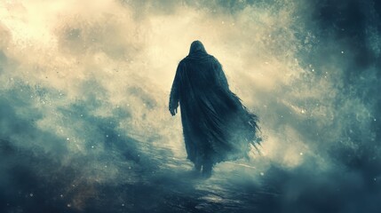 A lone traveler in a tattered cloak walking through a dense, otherworldly fog, their footsteps dissolving into mist