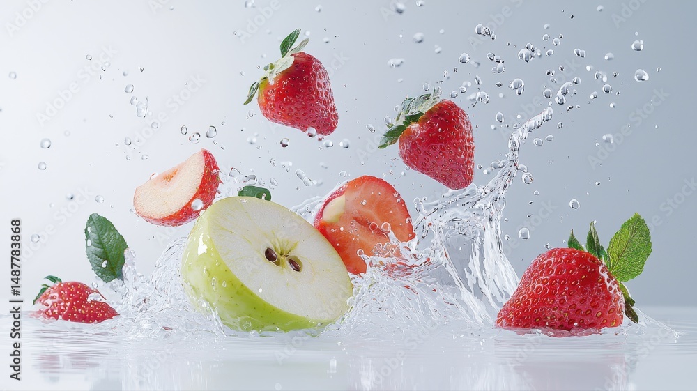 Poster fresh strawberries and apple slices splashing in dynamic water apple water splashing fresh dynamic