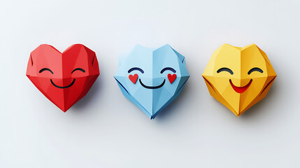 Colorful origami hearts with smiling faces on a white background, symbolizing love and joy