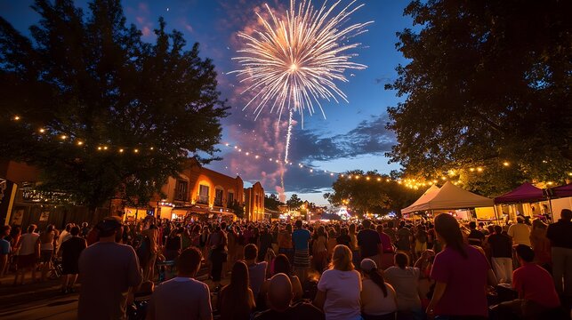 A lively crowd watching fireworks light up the sky during an outdoor festival or celebration
