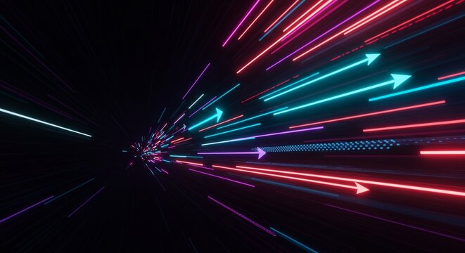 Abstract Neon Light Streaks with Arrows Futuristic Technology Background