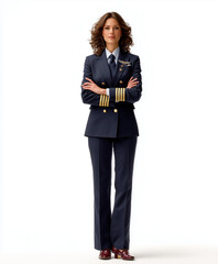 Portrait of female airline pilot in uniform, white studio background.
