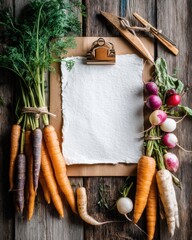 Colorful Carrots and Radishes on Rustic Wooden Background