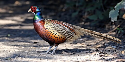 Fototapeta premium A vibrant pheasant, showcasing intricate plumage patterns of brown, orange, and green hues, stands on a sun-dappled dirt path