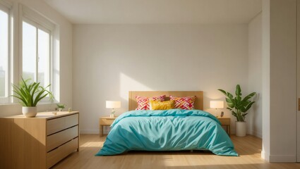 Modern Cozy Bedroom with Vibrant Colorful Bedding and Natural Light – Scandinavian Boho Style Interior
