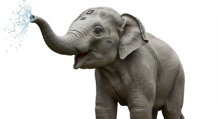 Obraz premium Playful baby elephant joyfully sprays water; bright sunlight illuminates its gentle features.. AI Generated