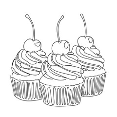 Group of cherry cupcakes line art. Bakery line drawing. Hand-drawn cute pastry line art. Hand drawn vector illustration with editable stroke. Isolated on transparent background.