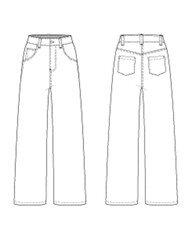 Straight Cut High Rise Denim Jeans- Front and Back View -Flat Vector Illustration 