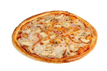 Pizza with bacon and cheese, herbs and cherry tomatoes. With mozzarella, shrimps