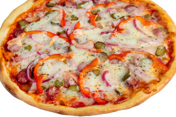Pizza with bacon and cheese, herbs and cherry tomatoes. With mozzarella, shrimps