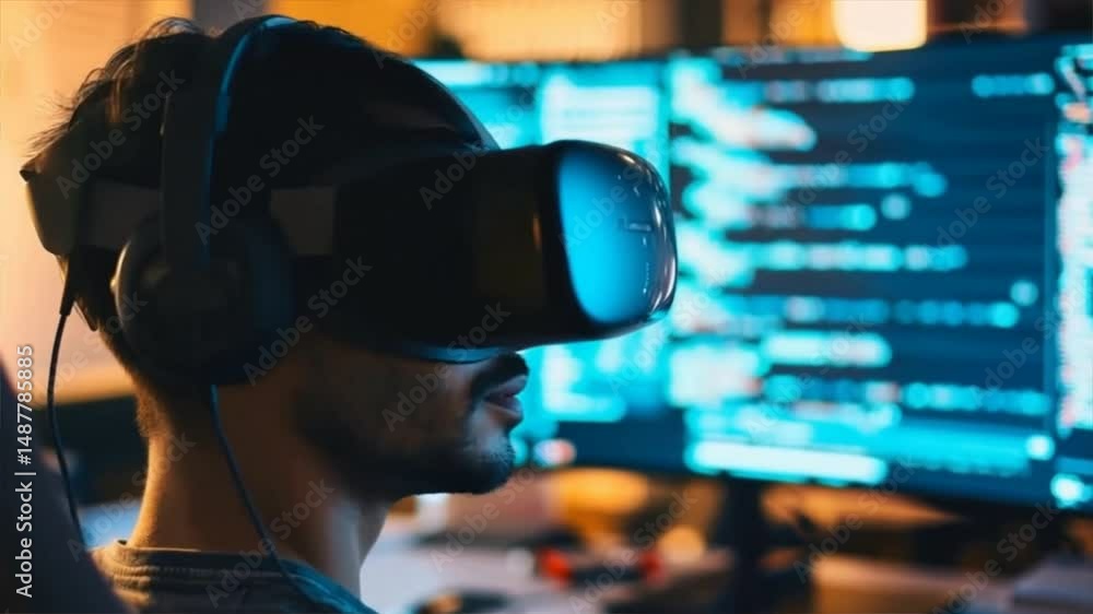Poster a focused individual immersed in a virtual reality experience, surrounded by glowing computer screen