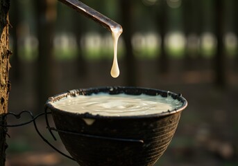 A single drop of latex falls gently into a dark bowl, creating soft ripples in the creamy liquid. The blurred background hints at a lush forest.