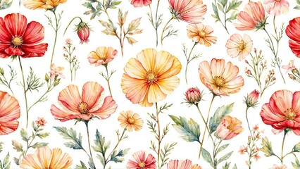 Seamless floral pattern with colorful hand-painted flowers in red, orange, and yellow shades