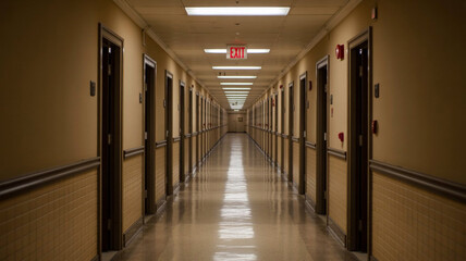 Long Empty Corridor  Interior Hallway  Office Building  Doors  Exit Sign