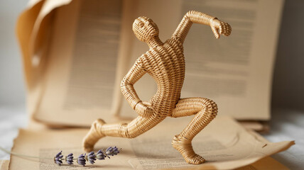 Wicker Figurine  Yoga Pose  Handmade Craft  Home Decor  Rustic Charm  Beige  Natural Mater