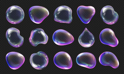 Realistic transparent water bubble, 3d rainbow light fluid, sea or rain drop, liquid glass ball, shiny soap bubble and balloon splash icon with holographic nature background and crystal aqua texture.