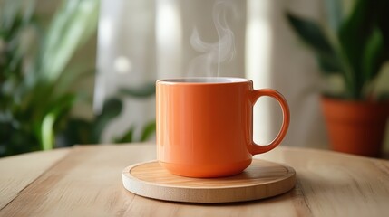 Fototapeta premium A pastel orange ceramic mug with steam rising, placed on a wooden coaster