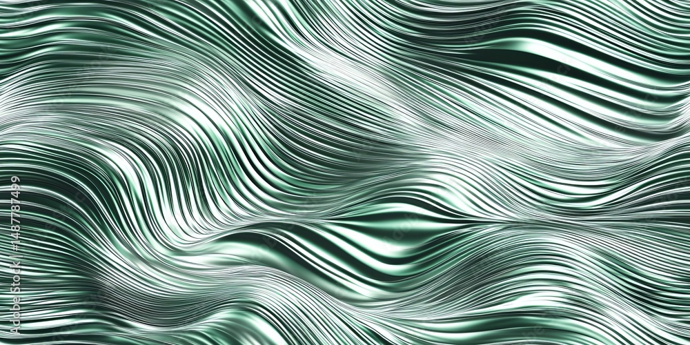 Poster abstract design featuring flowing metallic waves in cool tones with a sense of depth and movement