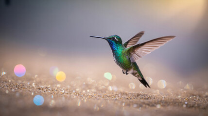 Fototapeta premium Vibrant Hummingbird in Flight over Sparkling Sand